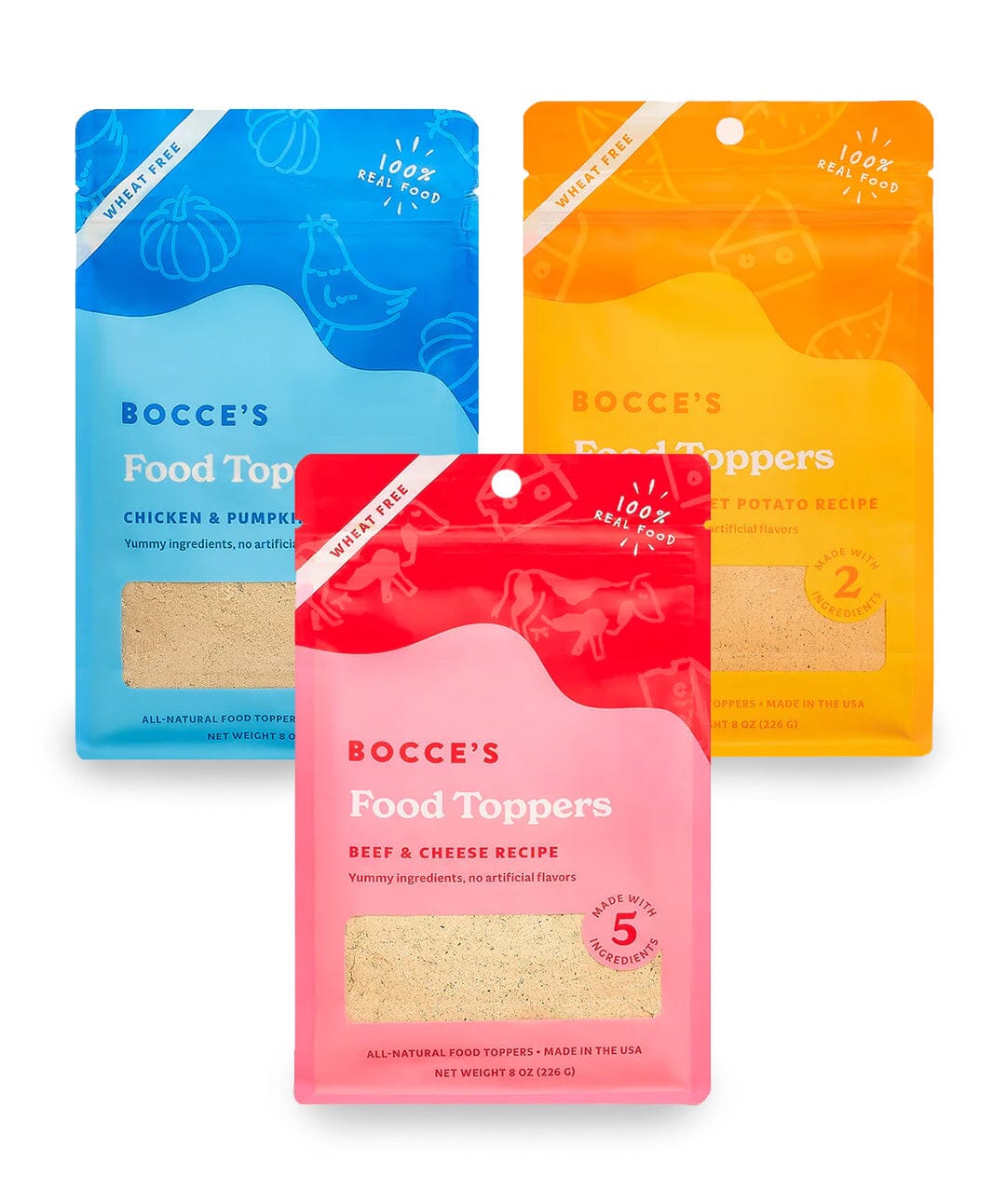 Bocce’s Cheese & Sweet Potato Dog Food Topper Meal Topper Rover Variety Bundle Set of Three 