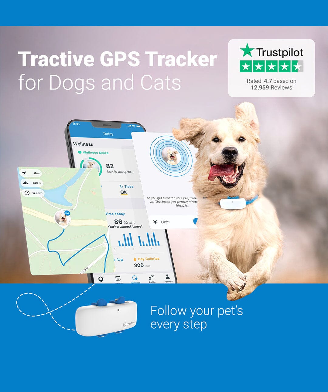 Tractive GPS Tracker & Health Monitoring for Dogs - Market Leading Pet GPS  Location Tracker, Wellness & Escape Alerts, Waterproof, Works with Any