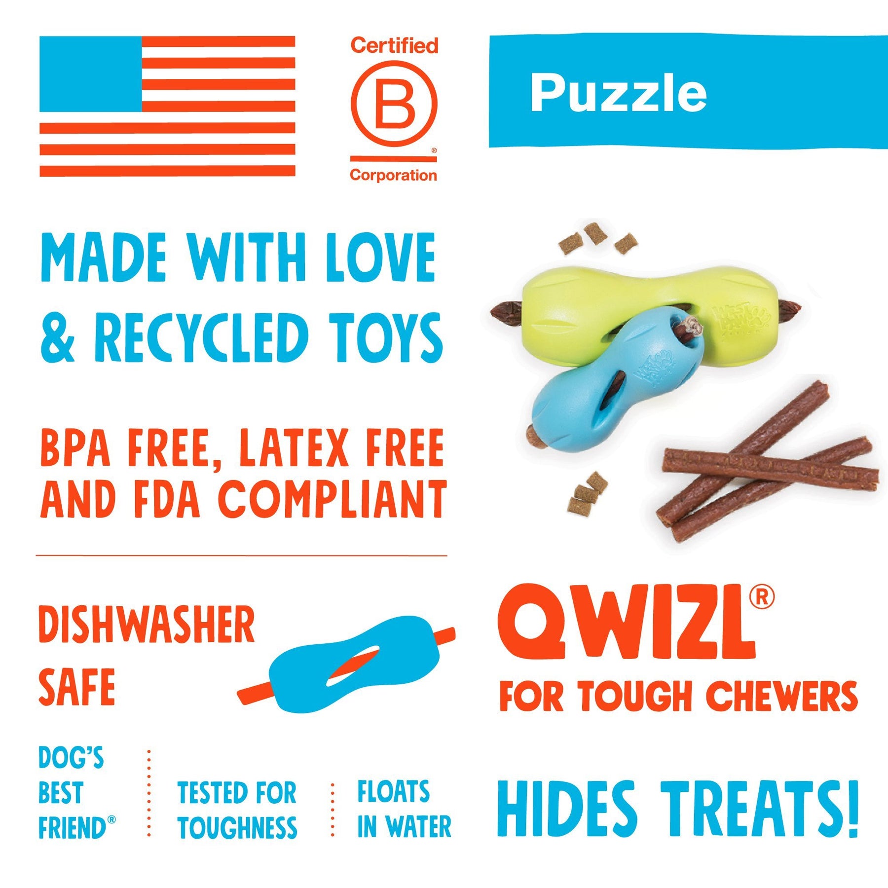 Qwizl Treat Dog Toy l West Paw Design - Olive
